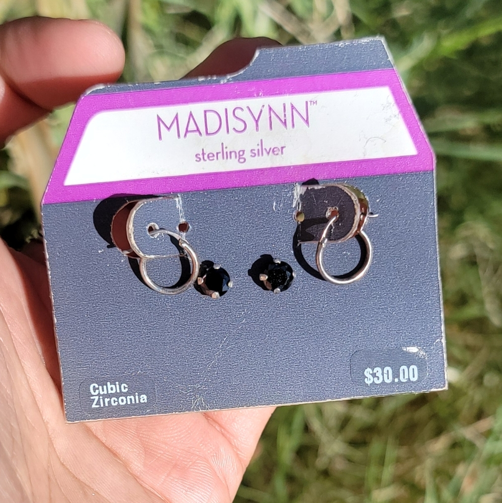 NWT MADISYNN sterling silver set of studs black CZ and small hoops Minimalist
